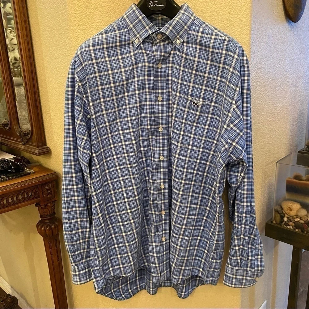 VINEYARD VINES Men Blue Plaid Buttoned Tucker Long Sleeve Shirt Size Large